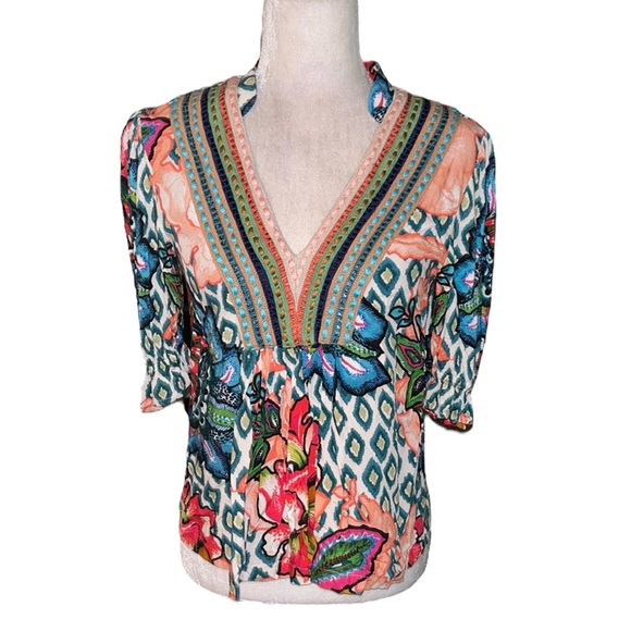Anthropologie Bl^nk Stephanie Embroidered V-Neck Floral Ikat Top - XXS - Picture 5 of 16